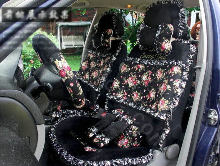 Ayrg Bowknot Floral Lace Universal Auto Car Seat Covers Velvet Plush Full Set 19pcs - Black
