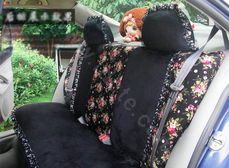 Ayrg Bowknot Floral Lace Universal Auto Car Seat Covers Velvet Plush Full Set 19pcs - Black