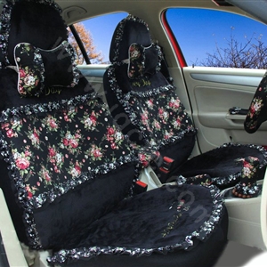 Ayrg Bowknot Floral Lace Universal Auto Car Seat Covers Velvet Plush Full Set 19pcs - Black