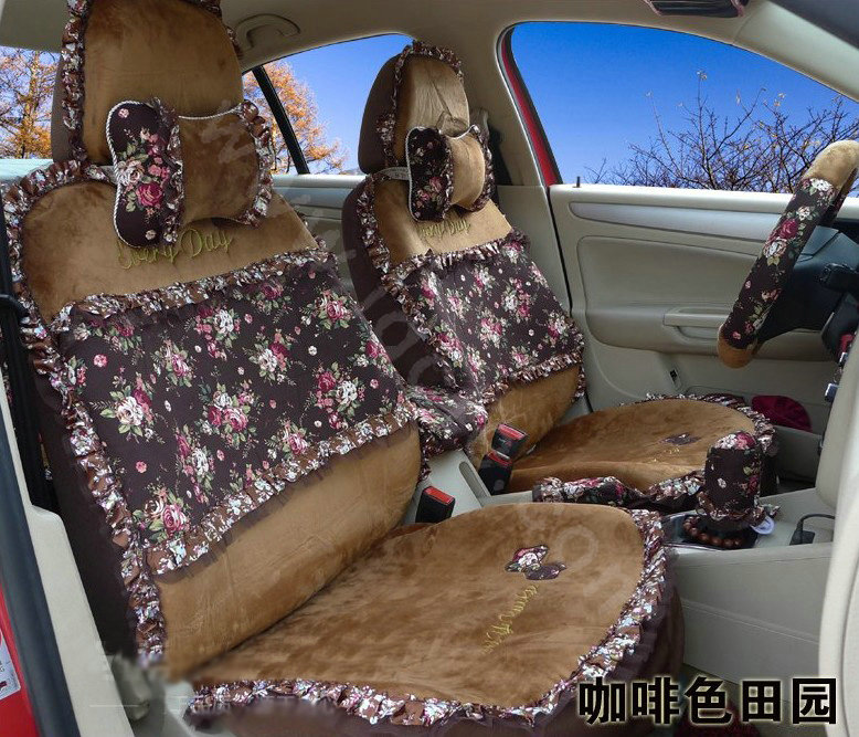 Ayrg Bowknot Floral Lace Universal Auto Car Seat Covers Velvet Plush Full Set 19pcs - Coffee