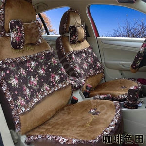 Ayrg Bowknot Floral Lace Universal Auto Car Seat Covers Velvet Plush Full Set 19pcs - Coffee
