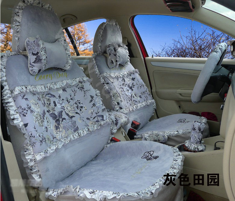 Ayrg Bowknot Floral Lace Universal Auto Car Seat Covers Velvet Plush Full Set 19pcs - Grey
