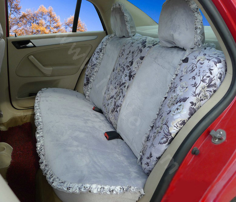 Ayrg Bowknot Floral Lace Universal Auto Car Seat Covers Velvet Plush Full Set 19pcs - Grey