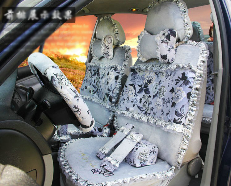 Ayrg Bowknot Floral Lace Universal Auto Car Seat Covers Velvet Plush Full Set 19pcs - Grey