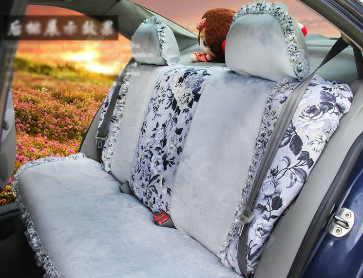 Ayrg Bowknot Floral Lace Universal Auto Car Seat Covers Velvet Plush Full Set 19pcs - Grey