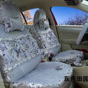 Ayrg Bowknot Floral Lace Universal Auto Car Seat Covers Velvet Plush Full Set 19pcs - Grey