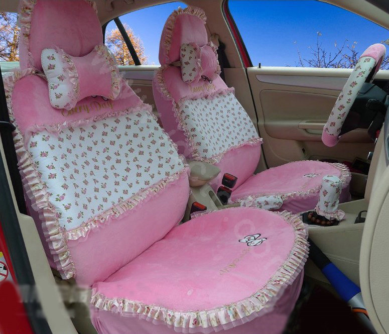 Ayrg Bowknot Floral Lace Universal Auto Car Seat Covers Velvet Plush Full Set 19pcs - Pink