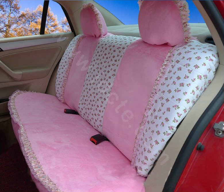 Ayrg Bowknot Floral Lace Universal Auto Car Seat Covers Velvet Plush Full Set 19pcs - Pink