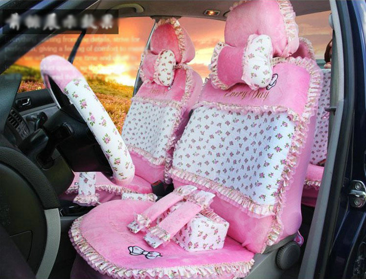 Ayrg Bowknot Floral Lace Universal Auto Car Seat Covers Velvet Plush Full Set 19pcs - Pink