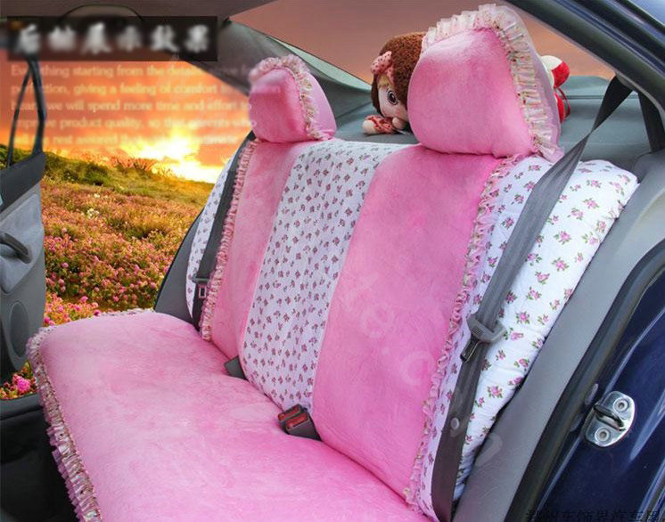 Ayrg Bowknot Floral Lace Universal Auto Car Seat Covers Velvet Plush Full Set 19pcs - Pink
