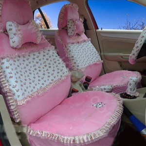 Ayrg Bowknot Floral Lace Universal Auto Car Seat Covers Velvet Plush Full Set 19pcs - Pink