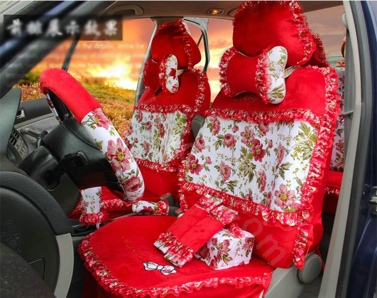 Ayrg Bowknot Floral Lace Universal Auto Car Seat Covers Velvet Plush Full Set 19pcs - Red