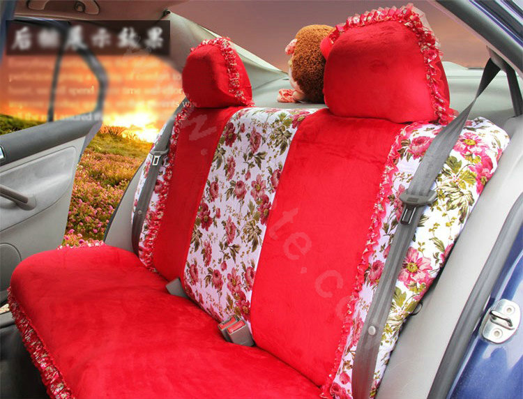 Ayrg Bowknot Floral Lace Universal Auto Car Seat Covers Velvet Plush Full Set 19pcs - Red