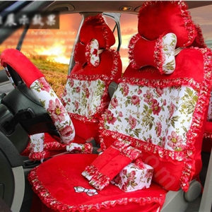Ayrg Bowknot Floral Lace Universal Auto Car Seat Covers Velvet Plush Full Set 19pcs - Red