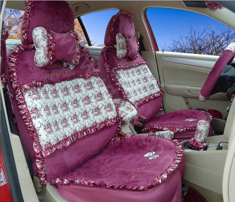 Ayrg Bowknot Floral Lace Universal Auto Car Seat Covers Velvet Plush Full Set 19pcs - Rose