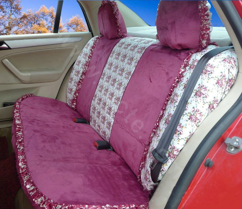 Ayrg Bowknot Floral Lace Universal Auto Car Seat Covers Velvet Plush Full Set 19pcs - Rose