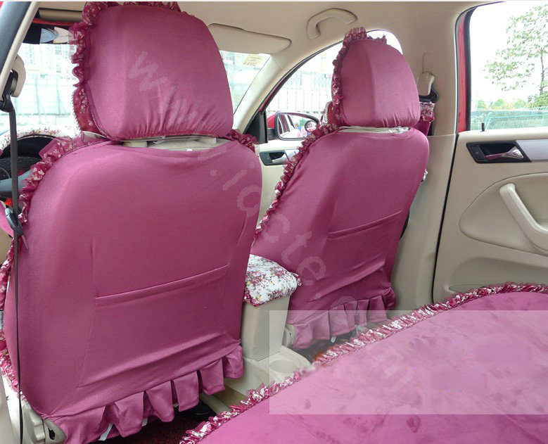 Ayrg Bowknot Floral Lace Universal Auto Car Seat Covers Velvet Plush Full Set 19pcs - Rose