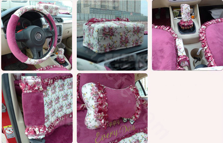 Ayrg Bowknot Floral Lace Universal Auto Car Seat Covers Velvet Plush Full Set 19pcs - Rose