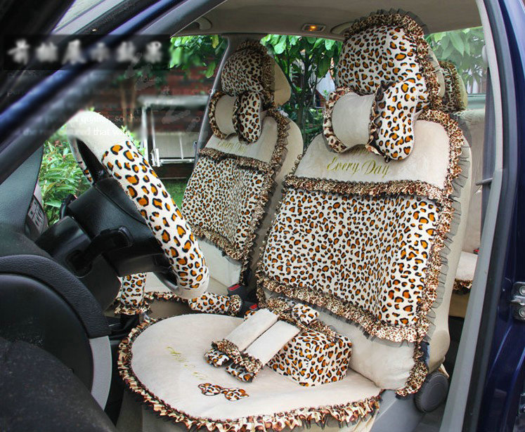 Ayrg Bowknot Leopard Lace Universal Auto Car Seat Covers Velvet Plush Full Set 19pcs - Beige