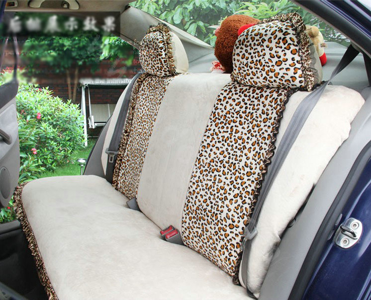 Ayrg Bowknot Leopard Lace Universal Auto Car Seat Covers Velvet Plush Full Set 19pcs - Beige