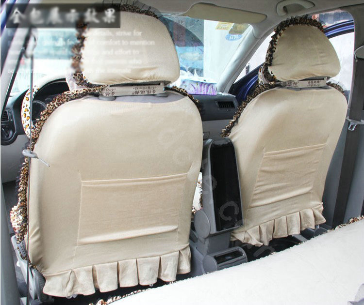 Ayrg Bowknot Leopard Lace Universal Auto Car Seat Covers Velvet Plush Full Set 19pcs - Beige