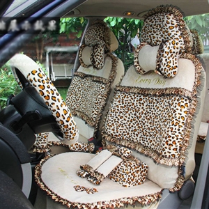 Ayrg Bowknot Leopard Lace Universal Auto Car Seat Covers Velvet Plush Full Set 19pcs - Beige