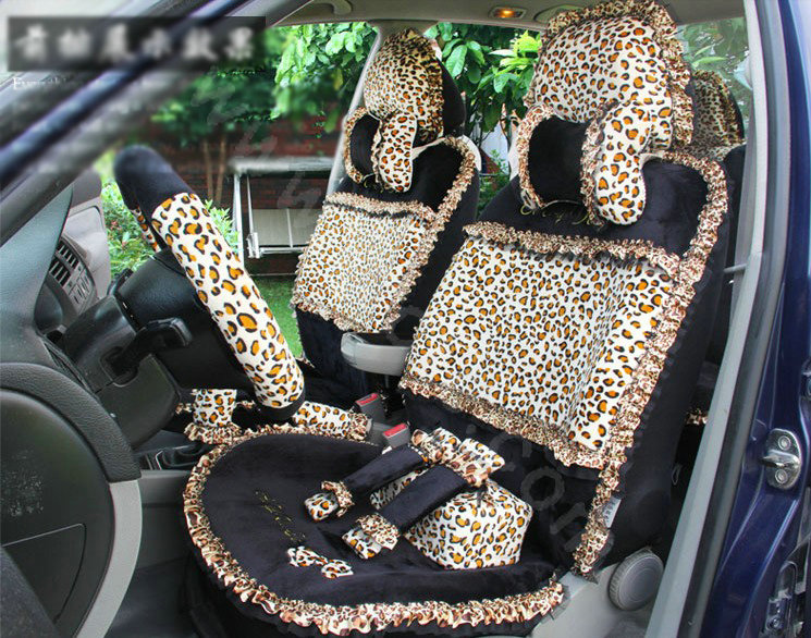 Ayrg Bowknot Leopard Lace Universal Auto Car Seat Covers Velvet Plush Full Set 19pcs - Black