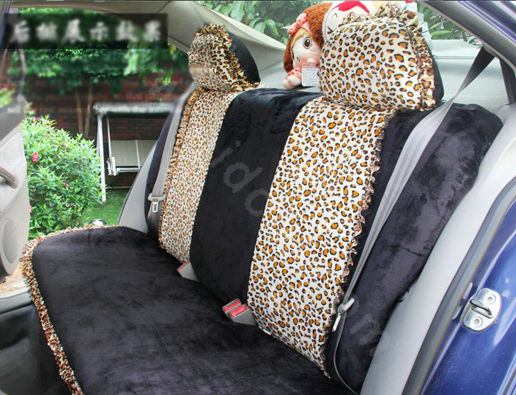 Ayrg Bowknot Leopard Lace Universal Auto Car Seat Covers Velvet Plush Full Set 19pcs - Black