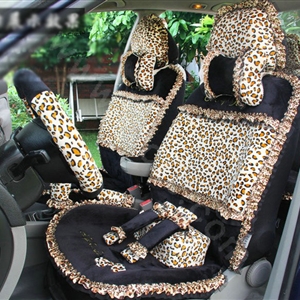 Ayrg Bowknot Leopard Lace Universal Auto Car Seat Covers Velvet Plush Full Set 19pcs - Black