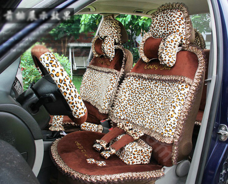 Ayrg Bowknot Leopard Lace Universal Auto Car Seat Covers Velvet Plush Full Set 19pcs - Coffee