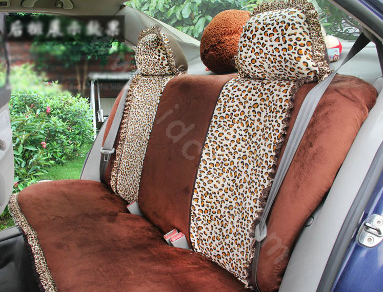 Ayrg Bowknot Leopard Lace Universal Auto Car Seat Covers Velvet Plush Full Set 19pcs - Coffee