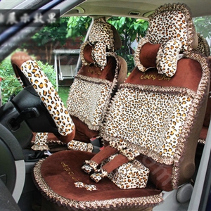 Ayrg Bowknot Leopard Lace Universal Auto Car Seat Covers Velvet Plush Full Set 19pcs - Coffee