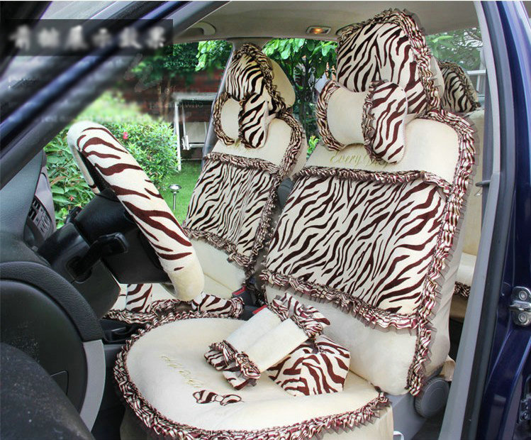 Ayrg Bowknot Zebra Lace Universal Auto Car Seat Covers Velvet Plush Full Set 19pcs - Beige
