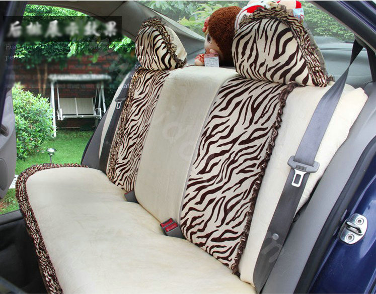Ayrg Bowknot Zebra Lace Universal Auto Car Seat Covers Velvet Plush Full Set 19pcs - Beige