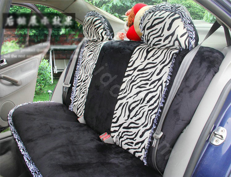 Ayrg Bowknot Zebra Lace Universal Auto Car Seat Covers Velvet Plush Full Set 19pcs - Black