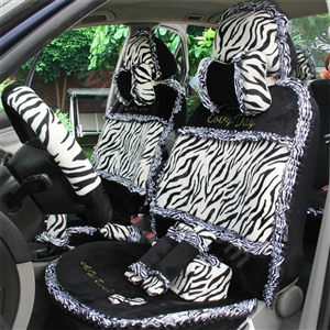 Ayrg Bowknot Zebra Lace Universal Auto Car Seat Covers Velvet Plush Full Set 19pcs - Black