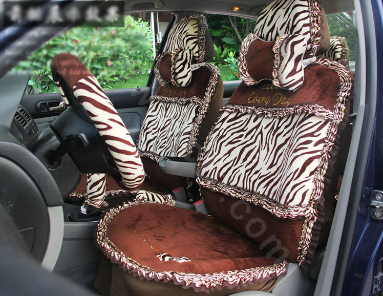 Ayrg Bowknot Zebra Lace Universal Auto Car Seat Covers Velvet Plush Full Set 19pcs - Coffee