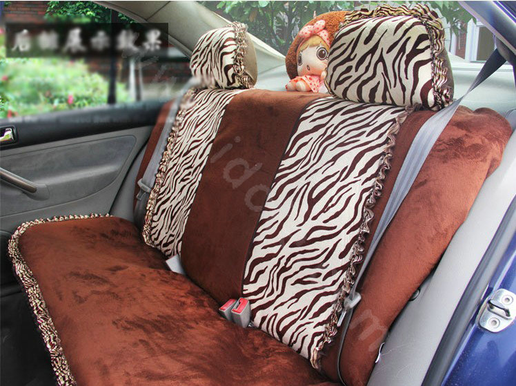 Ayrg Bowknot Zebra Lace Universal Auto Car Seat Covers Velvet Plush Full Set 19pcs - Coffee