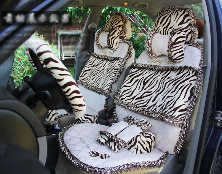 Ayrg Bowknot Zebra Lace Universal Auto Car Seat Covers Velvet Plush Full Set 19pcs - White