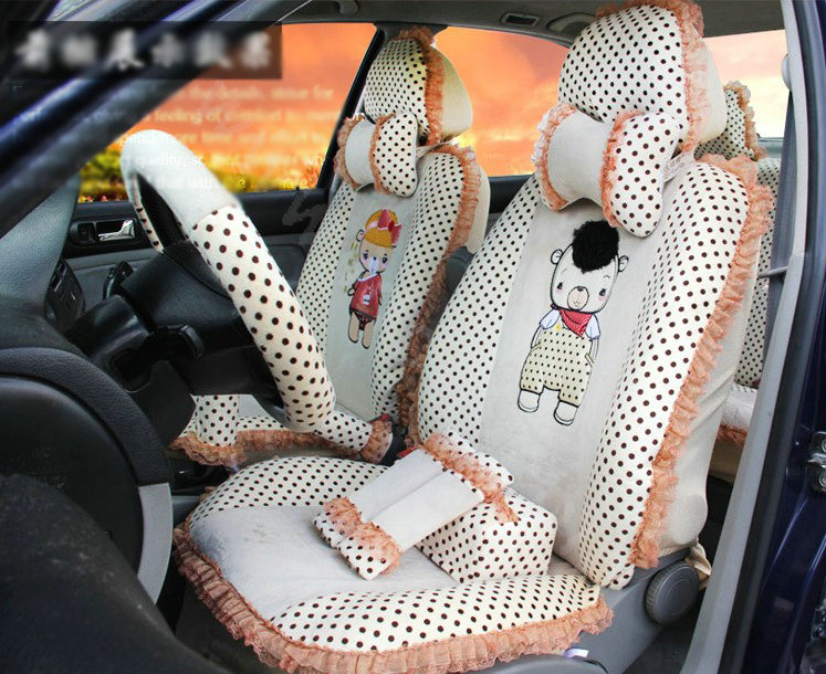 Ayrg Cartoon Bears Lace Universal Auto Car Seat Covers Velvet Plush Full Set 21pcs - Beige