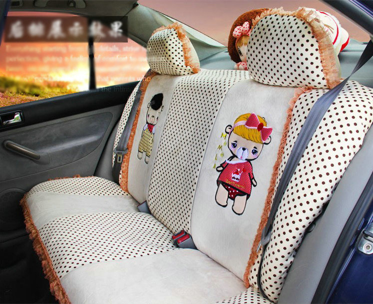 Ayrg Cartoon Bears Lace Universal Auto Car Seat Covers Velvet Plush Full Set 21pcs - Beige