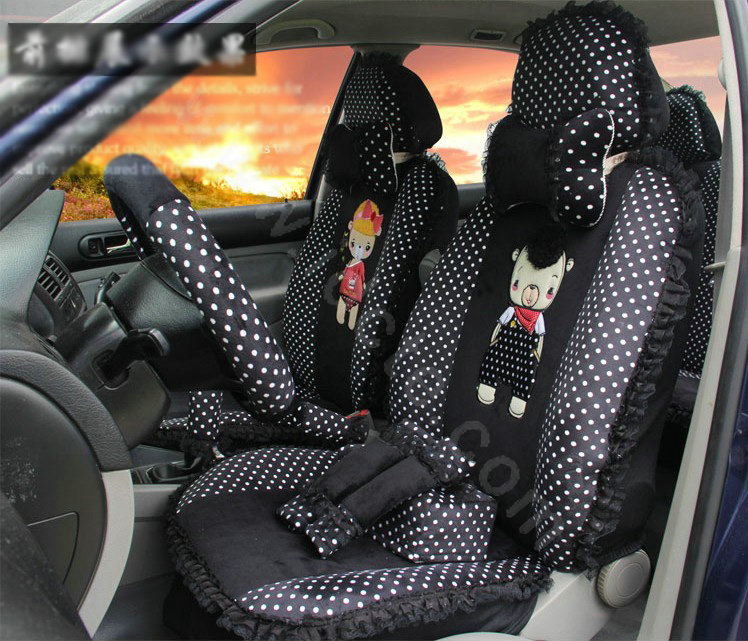 Ayrg Cartoon Bears Lace Universal Auto Car Seat Covers Velvet Plush Full Set 21pcs - Black