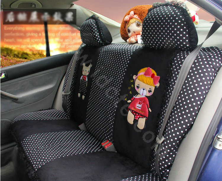Ayrg Cartoon Bears Lace Universal Auto Car Seat Covers Velvet Plush Full Set 21pcs - Black