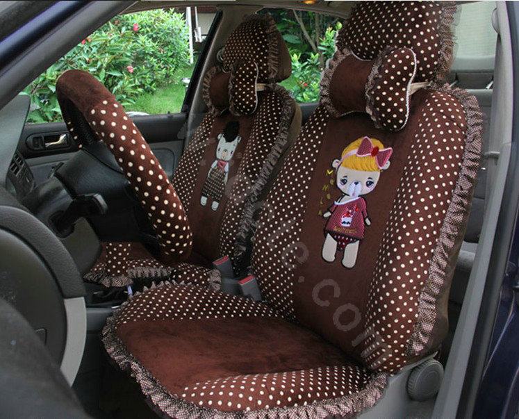 Ayrg Cartoon Bears Lace Universal Auto Car Seat Covers Velvet Plush Full Set 21pcs - Coffee