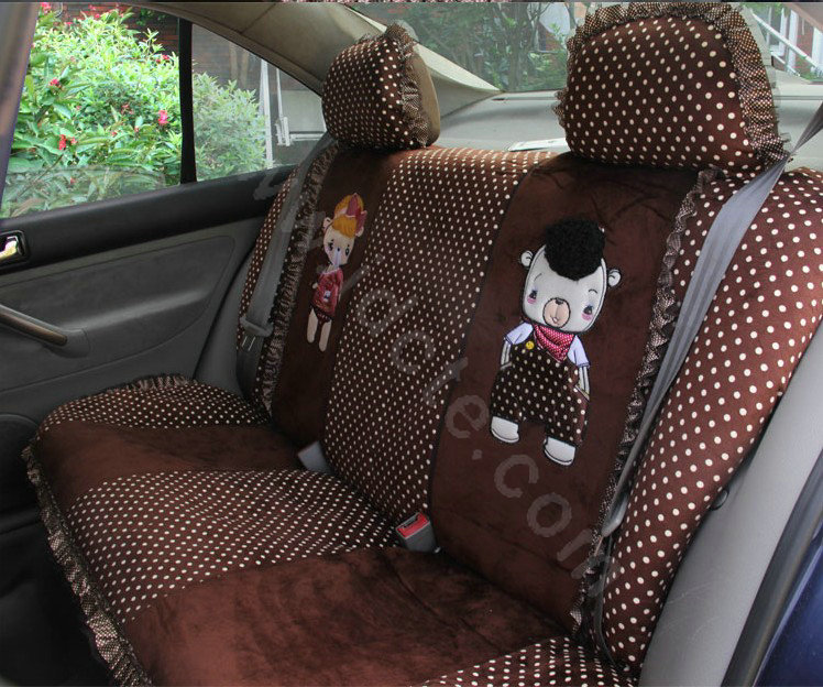 Ayrg Cartoon Bears Lace Universal Auto Car Seat Covers Velvet Plush Full Set 21pcs - Coffee
