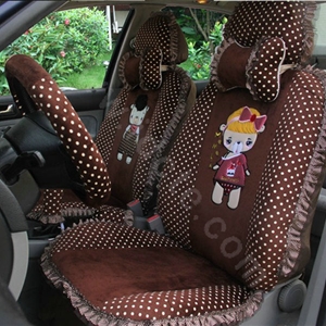 Ayrg Cartoon Bears Lace Universal Auto Car Seat Covers Velvet Plush Full Set 21pcs - Coffee