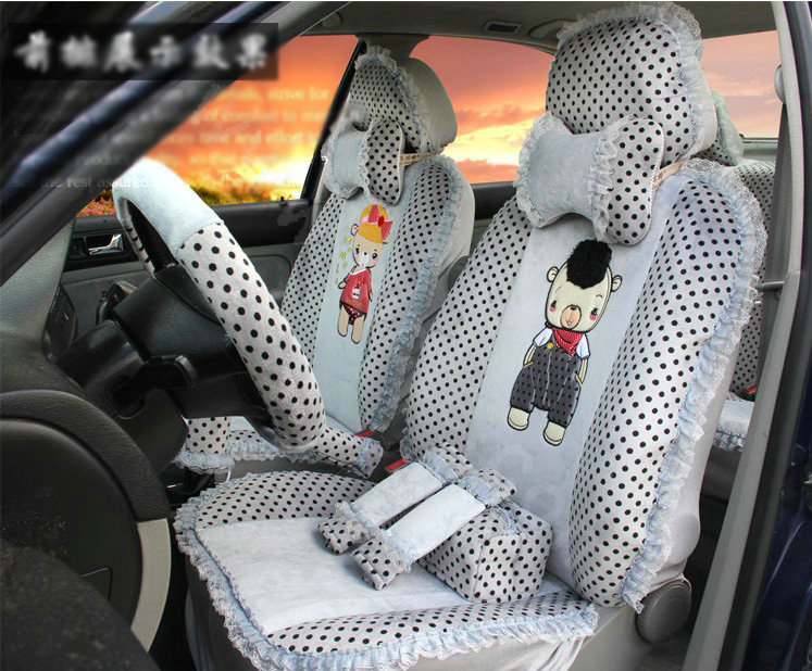 Ayrg Cartoon Bears Lace Universal Auto Car Seat Covers Velvet Plush Full Set 21pcs - Grey