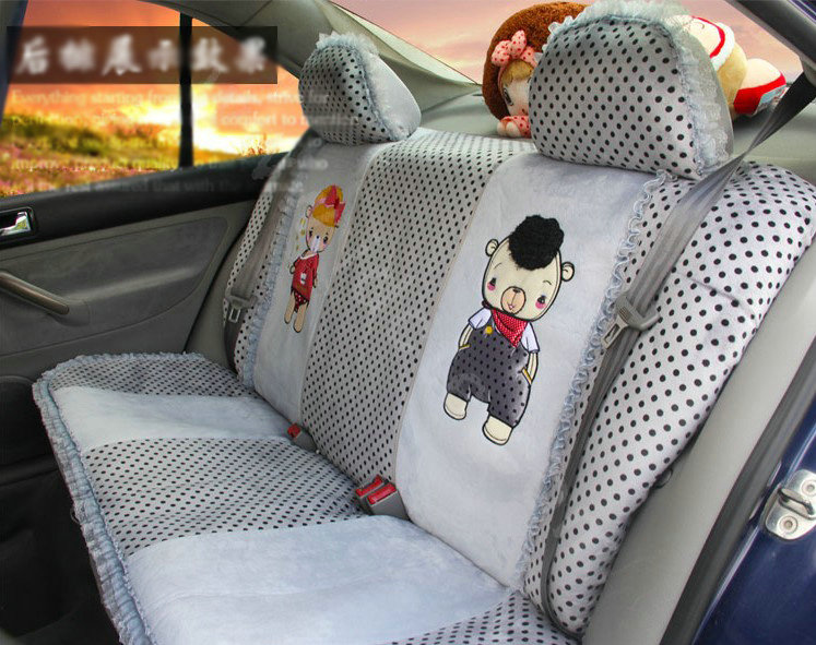 Ayrg Cartoon Bears Lace Universal Auto Car Seat Covers Velvet Plush Full Set 21pcs - Grey