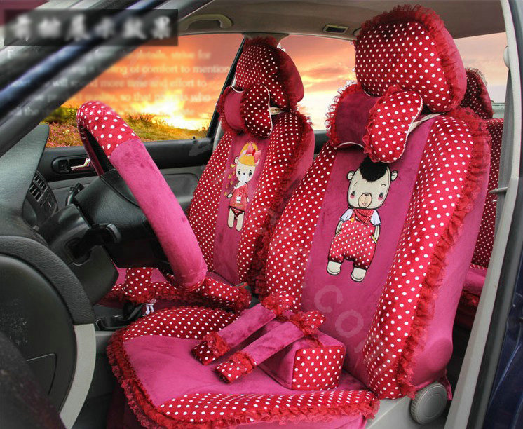 Ayrg Cartoon Bears Lace Universal Auto Car Seat Covers Velvet Plush Full Set 21pcs - Rose