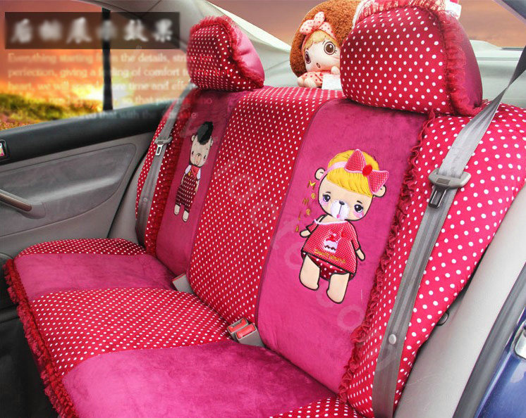 Ayrg Cartoon Bears Lace Universal Auto Car Seat Covers Velvet Plush Full Set 21pcs - Rose
